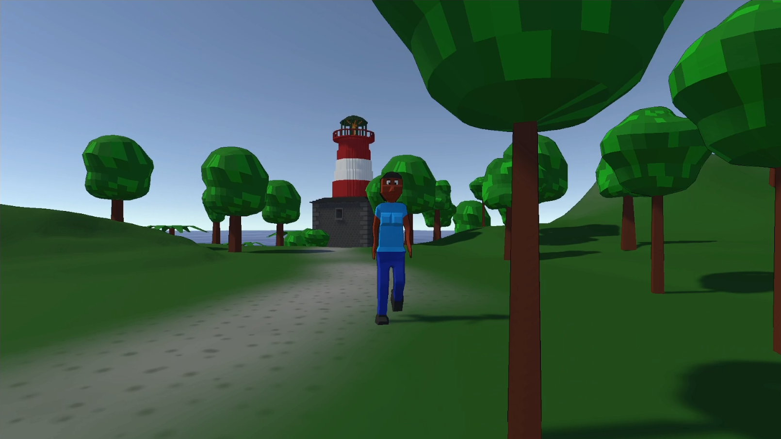 Screenshot: Spieler läuft über einen Weg, Leuchtturm im Hintergrund