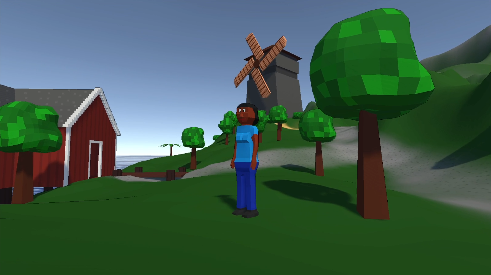 Screenshot: Spieler steht neben Fischerhütte, Windmühle im Hintergrund