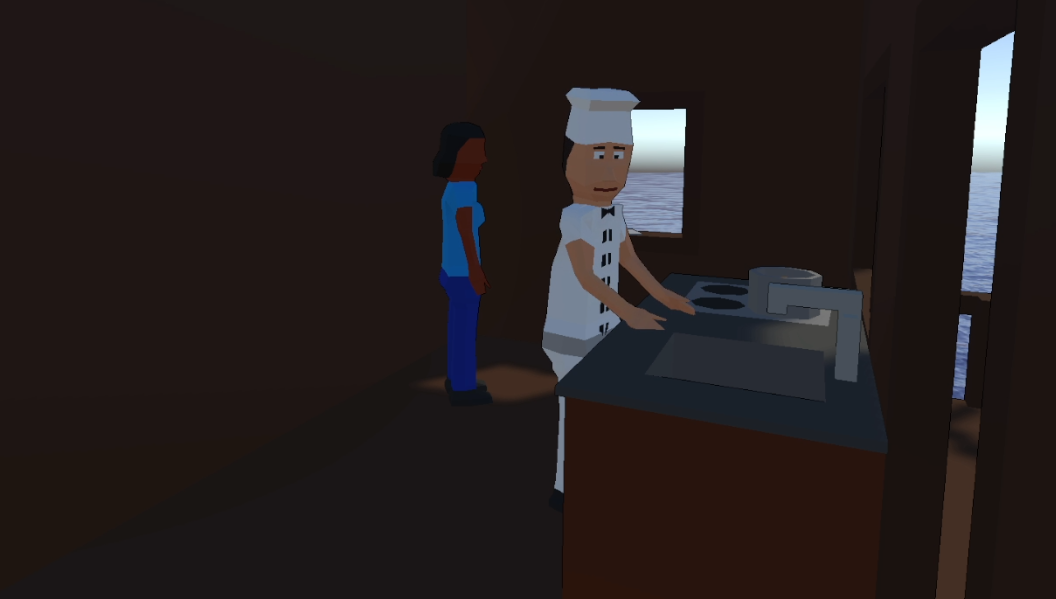 Screenshot: Spieler steht in einer Küche, Koch im Vordergrund